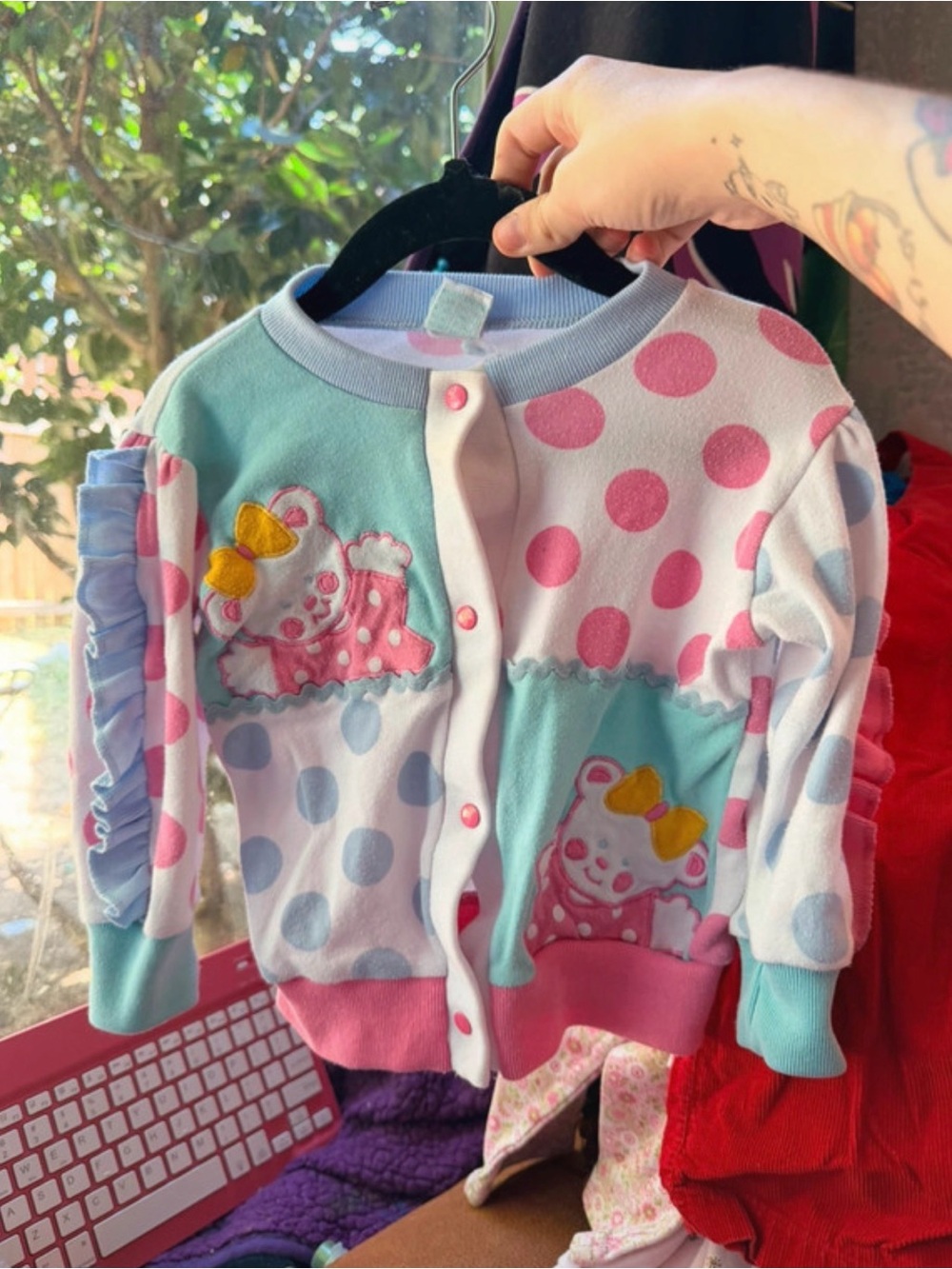 Girls Polka Dot Bear Appliqué Cardigan - Pink & Aqua